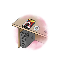 There is a desktop computer under the table and a cd box and cd on the table.