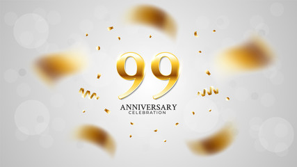 99th anniversary celebration with gold color and white background bokeh effects and sparkling confetti. modern elegant design can be used for a wedding or company. editable vector EPS 10