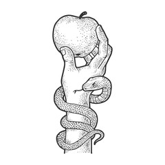 Apple in hand with snake sketch engraving vector illustration. T-shirt apparel print design. Scratch board imitation. Black and white hand drawn image.