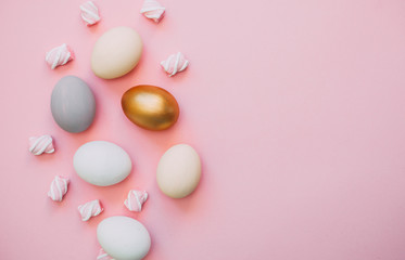 Easter eggs, colorful flat lay with copy space for text, easter holiday card