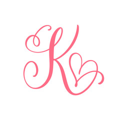 Vector Vintage floral monogram letter K. Calligraphy element heart logo Valentine card flourish frame. Hand drawn Love sign for page decoration and design illustration