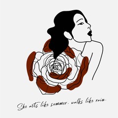 Hand writing quotation with illustration of woman and red rose in simple colors. Simple and retro style, suitable for wallpaper, cards, print, home decor, coffee shop.