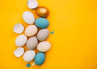 Easter eggs, colorful flat lay with copy space for text, easter holiday card