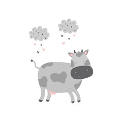 Cute cartoon character cow. Print for baby shower party. Vector print with baby cow.