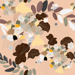 Hydrangea flowers, decorative berries and leaves. Seamless pattern. Garden plants vector illustration.