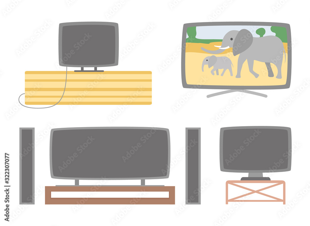 Aufkleber acoustic system and tv set vector, isolated screens with show program showing elephants and wild nat