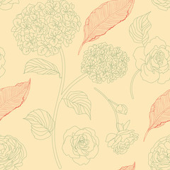 Drawn hydrangea, roses and leaves seamless pattern. Monochrome image of flowers vector illustration. Imitation of pencil drawing.