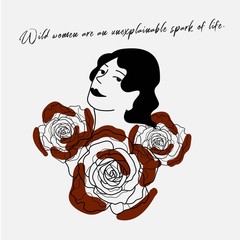 Hand writing quotation with illustration of woman and red rose in simple colors. Simple and retro style, suitable for wallpaper, cards, print, home decor, coffee shop.