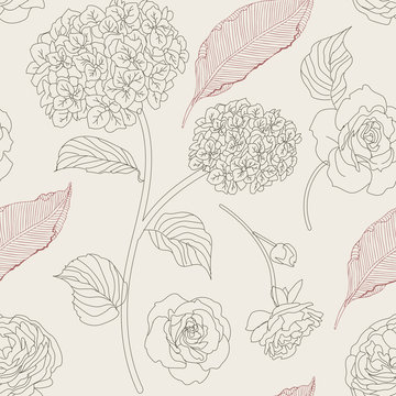 Drawn hydrangea, roses and leaves seamless pattern. Monochrome image of flowers vector illustration. Imitation of pencil drawing.