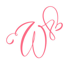 Vector Vintage floral monogram letter W. Calligraphy element heart logo Valentine card flourish frame. Hand drawn Love sign for page decoration and design illustration