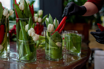 horizontal photo of the moment of creating the flower arrangement