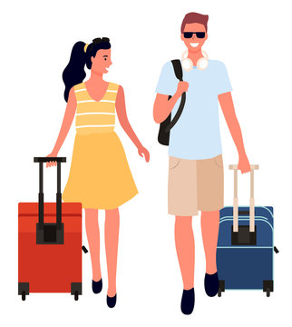 Couple with bags traveling in different destinations vector, isolated man and woman carrying luggage. Flights and travels, journey wanderlust person