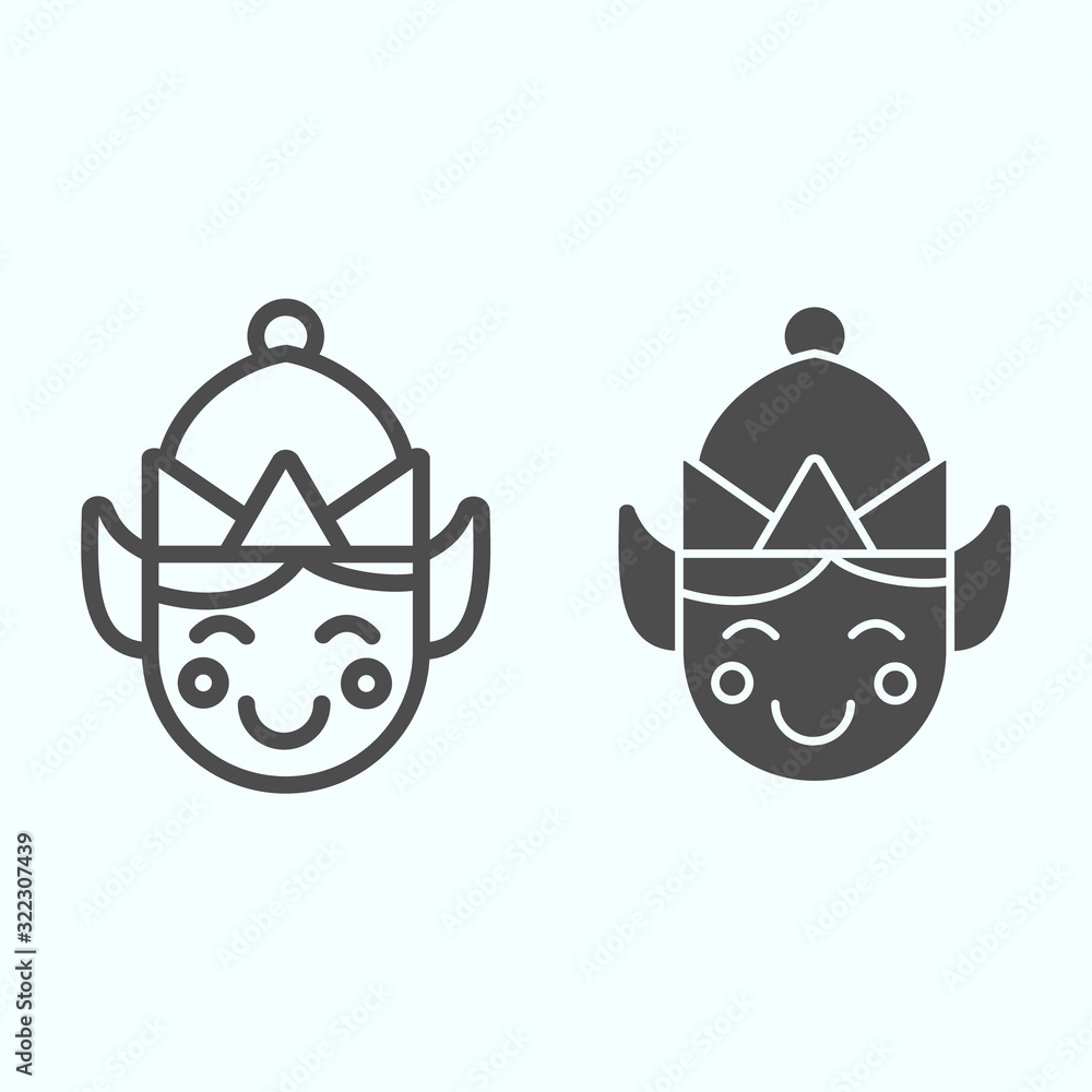 Poster elf line and solid icon. santa tiny helper person smilling face with hat. christmas vector design co