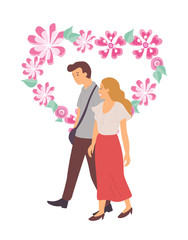 Floral heart shape vector, people cuddling isolated. Flat style couple man and woman spending time together flowers and petals tender love of pair