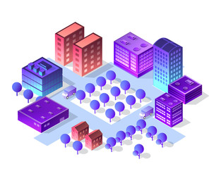 Isometric city set of violet colors building
