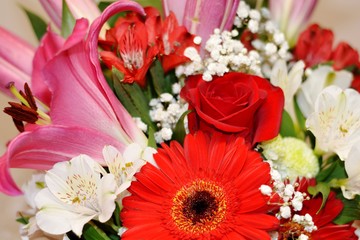 bouquet of red, pink and white flowers