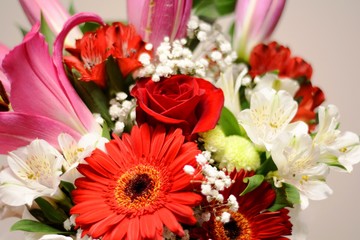 bouquet of red, pink and white flowers