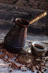 Hot cofee on wood background