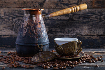 Hot cofee on wood background