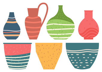 Set of striped vase isolated on white. Crockery decorative jar with waves ornament, color pot in flat style design, ceramic flowerpot. Handmade items from clay. Vase for flowers. Vector illustration