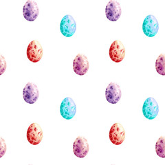 Seamless easter pattern consisting of colorful eggs. Watercolor easter eggs on white background. Wrapping, scrapbooking