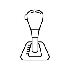 Automatic transmission, car gearbox icon. Linear logo of gear shift with button. Black simple illustration of shift knob, lever arm. Contour isolated vector image on white background