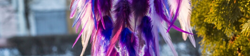 Banner of Handmade dream catcher with feathers threads and beads rope hanging