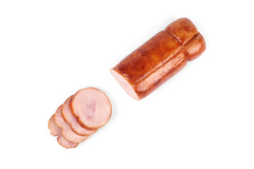 Chicken ham, and slices of tasty chicken meat , isolated on white background