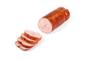 Chicken ham, and slices of tasty chicken meat , isolated on white background