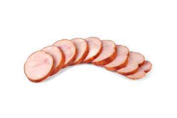 Slices of tasty chicken meat , isolated on white background