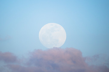 A full moon softly glows in a pastel blue sky with light pink clouds below it in the sky.
