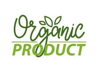 Organic product simple label isolated green creative logo. Vector greenery, leaves on hand drawn badge, design of corporate identity logotype on white