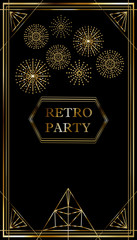 Art Deco vintage invitation template design with golden patterns and frames. Retro party background  (1920's style). Vector for glamour event, thematic wedding or jazz party