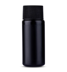 Black plastic matte bottle for your mock-up isolated on white, dropping shadow. White reflection...
