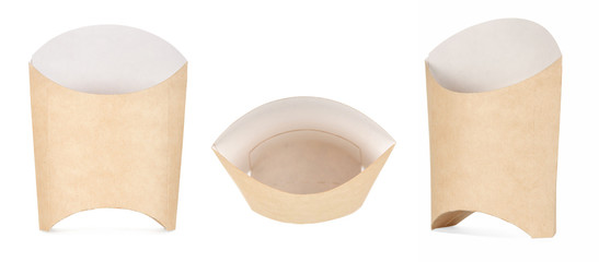 Kraft paper french fries box isolated on white background. Biodegradable eco-friendly packaging....