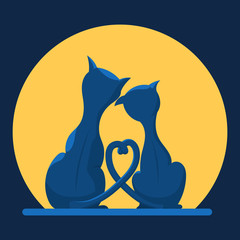 A couple of cute cats in love on the background of the moon. Flat vector illustration in trendy colors