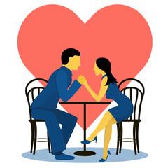 A couple of cute lovers at a table in a cafe, on the background of the heart. Flat vector illustration in trendy colors