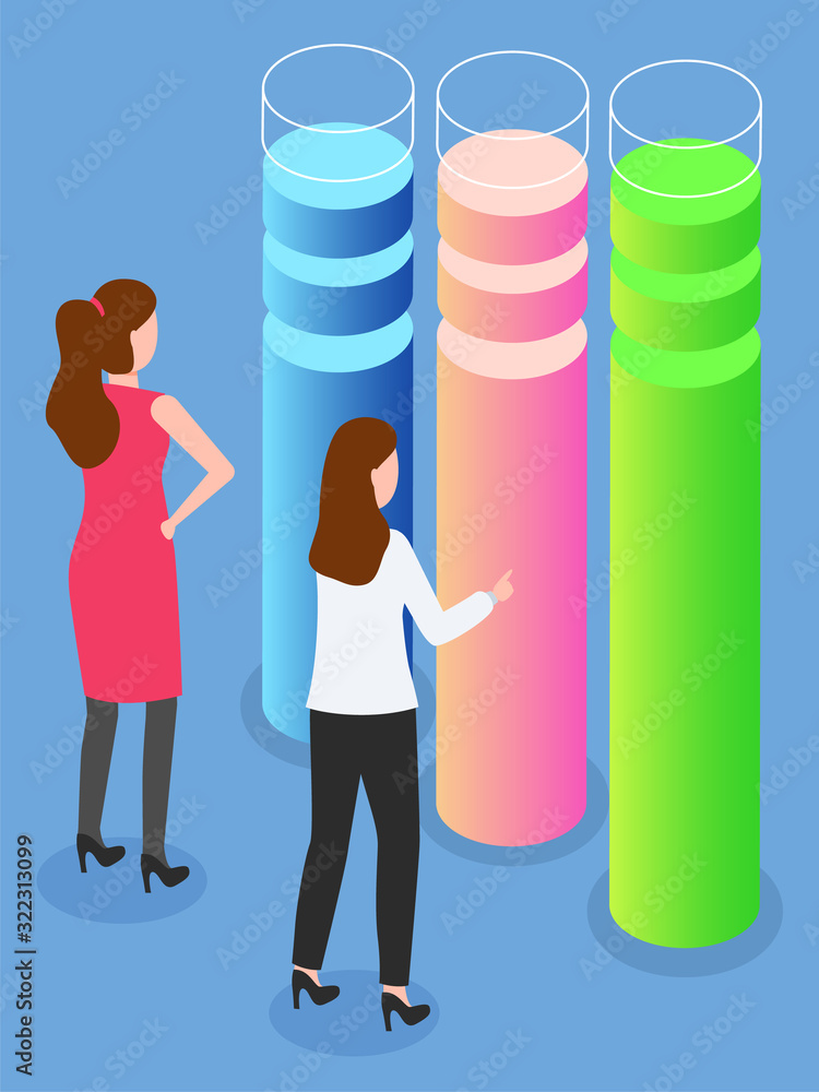 Poster people analyzing infocharts with equal segments and pieces. isolated female characters at work deali