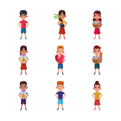 Fototapeta premium icon set of cartoon girls and boys holding stuffs