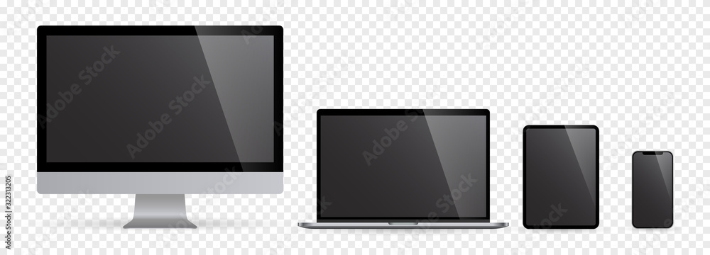 Poster realistic set of computer monitors desktop laptop tablet and phone with black screen and checkerboar