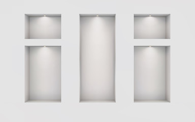 Five illuminated niches on a white wall. Place for an exhibition. Top view mockup template for design. Light effect on a separate layer. Vector. Eps10.