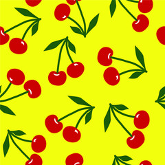 seamless background with red cherries on yellow, cherry repeat pattern
