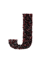 Letter J of the English alphabet of freshly roasted cocoa beans on a white isolated background. coffee pattern made from coffee beans