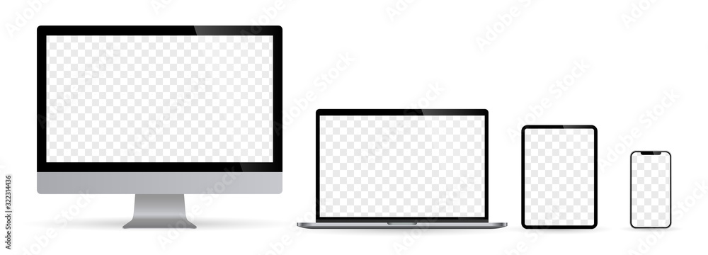 Poster realistic set of computer monitors desktop laptop tablet and phone with checkerboard screen and whit