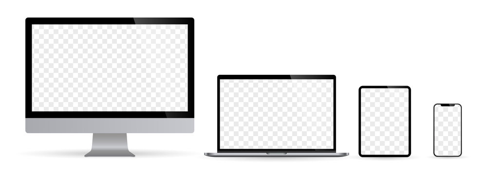 Realistic set of computer monitors desktop laptop tablet and phone with checkerboard screen and white background v3. Isolated illustration vector illustrator Ai EPS