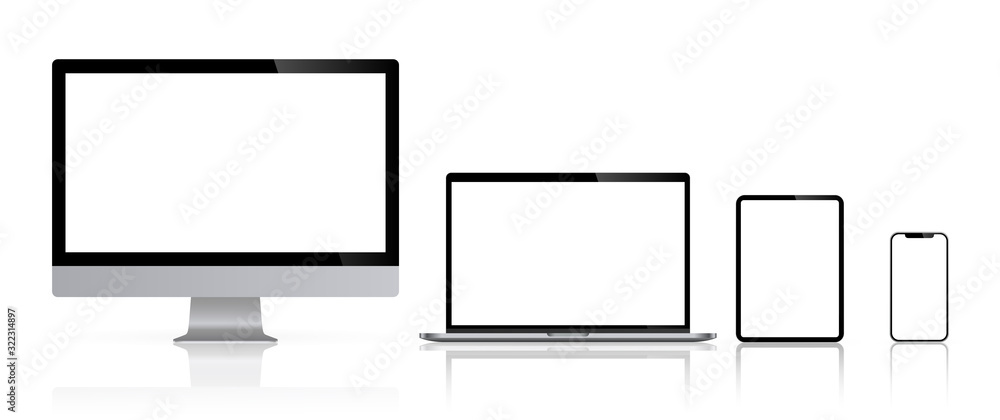 Poster realistic set of computer monitors desktop laptop tablet and phone reflect with white screen v3. ill