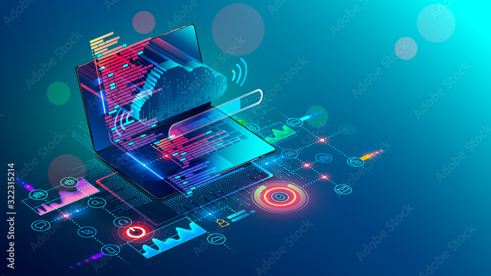 Fototapete Laptop with code on screen hanging over icons programming app, software development, web coding. Isometric conceptual illustration about collaboration work via internet or cloud storage. Remote work.