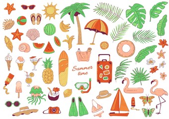 Large set summer beach holidays and sea travel. Vector fruits tropical leaves and flowers.