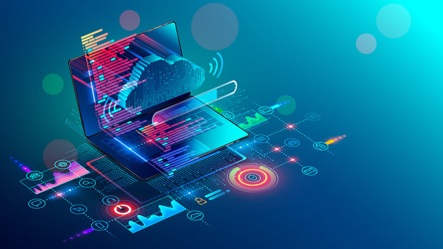 Laptop with code on screen hanging over icons programming app, software development, web coding. Isometric conceptual illustration about collaboration work via internet or cloud storage. Remote work.