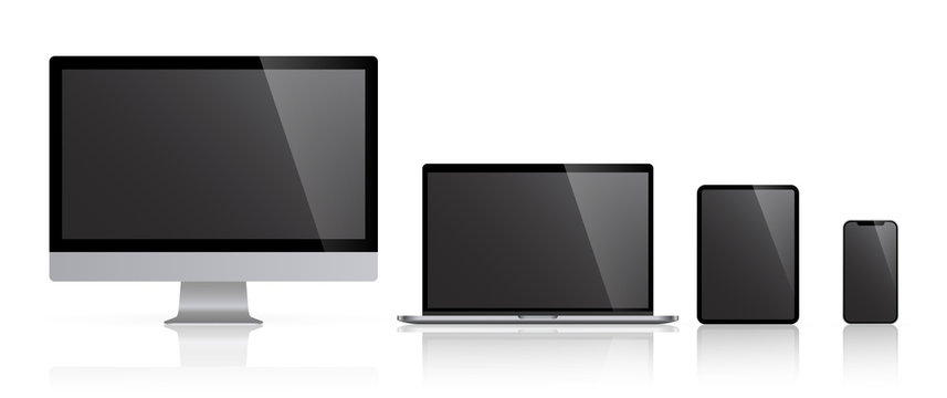 Realistic set of computer monitors desktop laptop tablet and phone reflect with black screen v3. Illustration vector illustrator Ai EPS